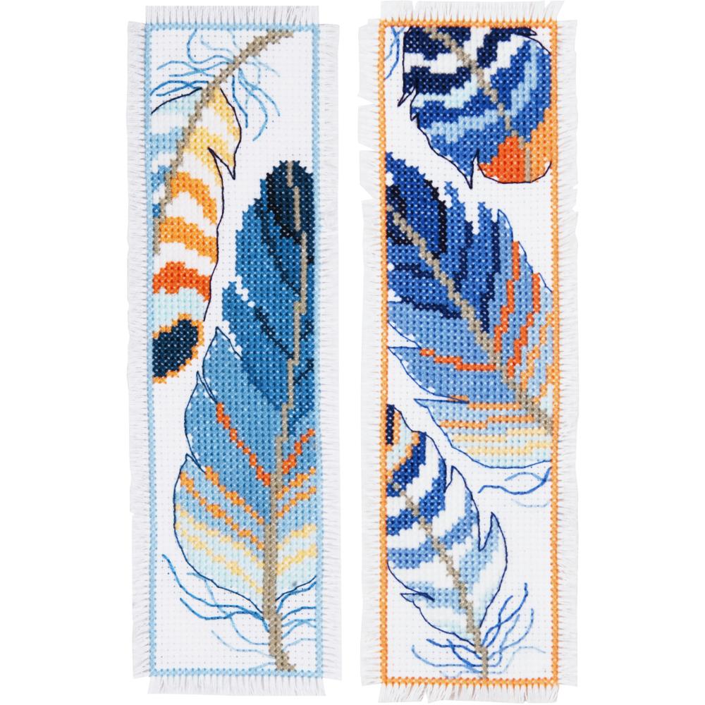 Vervaco Bookmark Counted Cross Stitch Kit 2.4X8 Set of 2-Blue Feathers (14 Count)